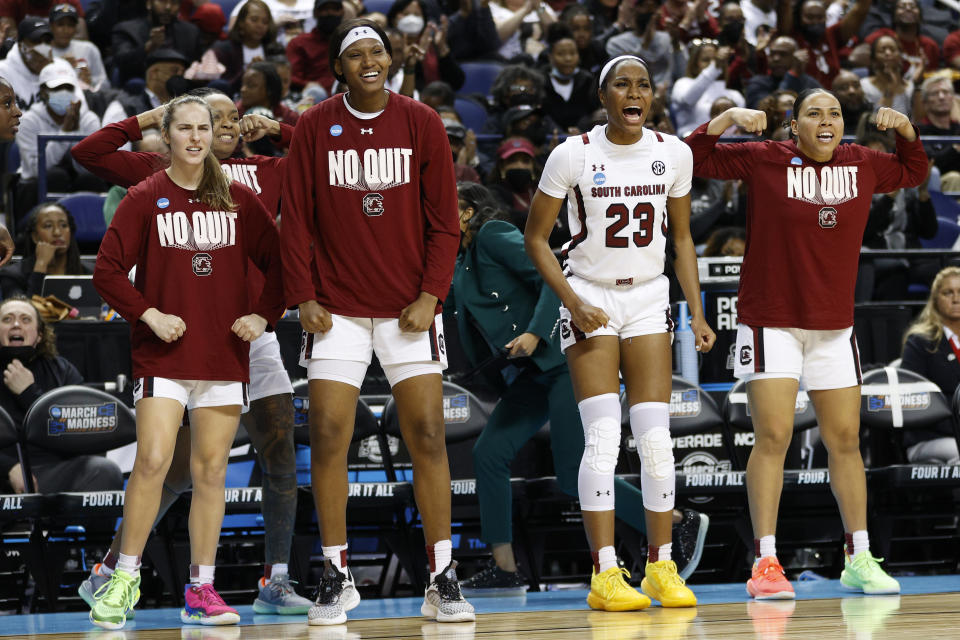 GREENSBORO, NORTH CAROLINA - MARCH 27: The South Carolina Gamecocks reacts during the second half in the NCAA Women's Basketball Tournament Elite Eight Round against the Creighton Bluejays at Greensboro Coliseum Complex on March 27, 2022 in Greensboro, North Carolina. (Photo by Sarah Stier/Getty Images)