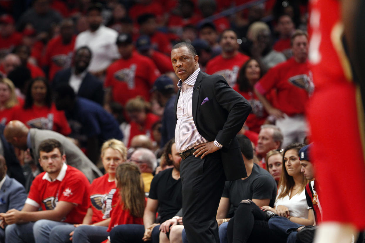 The New Orleans Pelicans picked up Alvin Gentry’s $4 million option for next season, ensuring the coach who led them to the playoffs for the first time since 2015 will return next year. (AP Photo/Scott Threlkeld)