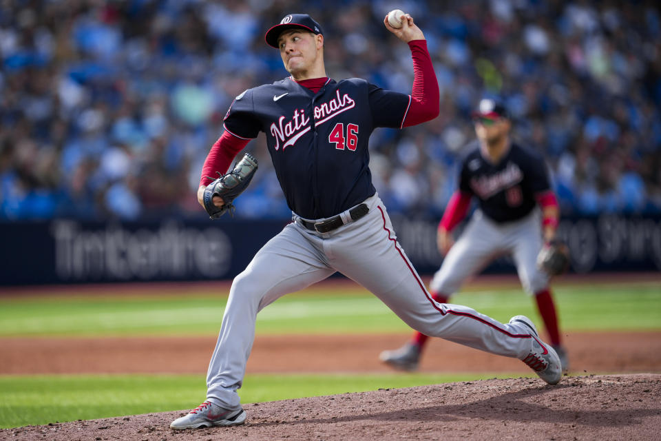 Washington Nationals starting pitcher Patrick Corbin (46) throws against the Toronto Blue Jays during the second inning of a baseball game in Toronto on Wednesday, Aug. 30, 2023. (Andrew Lahodynskyj/The Canadian Press via AP)