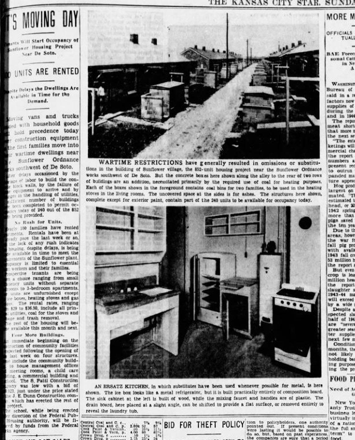 A story in The Kansas City Star on Aug. 1 1943, “It’s Moving Day,” announced the first tenants to arrive at Sunflower Village for the employees and their families at the Sunflower Ordnance Works.