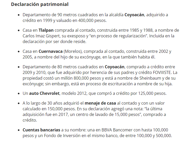 Declaración patrimonial de Claudia Sheinbaum 2018