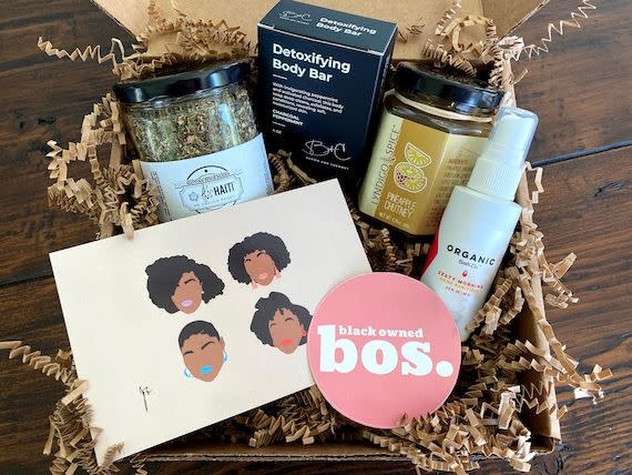 <p><strong>LocalBostonGiftBoxes</strong></p><p>etsy.com</p><p><strong>$69.00</strong></p><p>This gift basket is filled with items made by local businesses in Boston. The set comes with seven goodies: pineapple chutney, a bath bar, lip balm, a Haitian spice blend, hand sanitizer and wall art. </p>