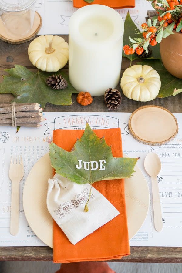 <p>Disposable bamboo dinnerware, paper napkins, and an activity placemat ensure an easy cleanup, but still look totally stylish. </p><p><strong><em><a href="https://sugarandcharm.com/tips-for-creating-the-perfect-thanksgiving-kids-table" rel="nofollow noopener" target="_blank" data-ylk="slk:Get the tutorial at Sugar and Charm;elm:context_link;itc:0;sec:content-canvas" class="link ">Get the tutorial at Sugar and Charm</a>. </em></strong></p><p><a class="link " href="https://www.amazon.com/100-Pack-Disposable-Linen-Feel-Halloween-Thanksgiving/dp/B087RT6NZN?tag=syn-yahoo-20&ascsubtag=%5Bartid%7C10070.g.23289609%5Bsrc%7Cyahoo-us" rel="nofollow noopener" target="_blank" data-ylk="slk:SHOP ORANGE NAPKINS;elm:context_link;itc:0;sec:content-canvas">SHOP ORANGE NAPKINS</a></p>