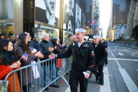 <p>Personnel from the United States Navy thank spectators during the Veterans Day parade in New York City on Nov. 11, 2017. (Photo: Gordon Donovan/Yahoo News) </p>