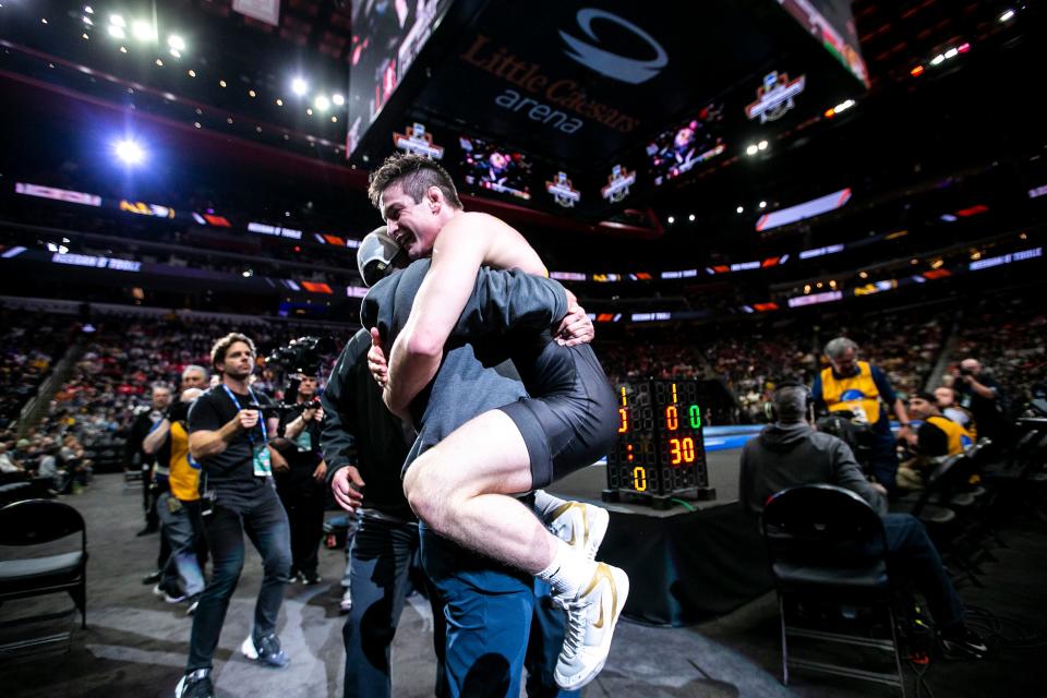 Missouri's Keegan O'Toole celebrates after scoring a decision against Stanford's Shane Griffith at 165 pounds in the finals during the sixth session of the NCAA Division I Wrestling Championships on Saturday at Little Caesars Arena in Detroit.