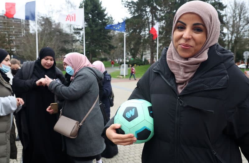 Supporters of Muslim women soccer players protest against French hijab ban in sports, in Lille