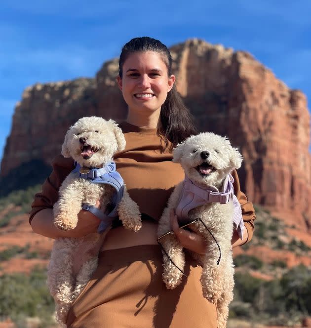 The author and her dogs pause for a photo in Sedona, Arizona, while on her road trip across the country during her year of Grieve Leave.