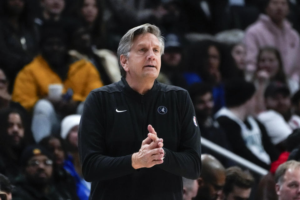 Minnesota Timberwolves head coach Chris Finch watches against the Detroit Pistons in the first half of an NBA basketball game in Detroit, Wednesday, Jan. 17, 2024. (AP Photo/Paul Sancya)