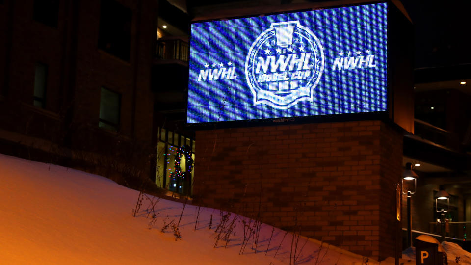 LAKE PLACID, NEW YORK - FEBRUARY 03: A view of NWHL signage outside of Herb Brooks Arena after it was announced that the NWHL suspended its season due to COVID-19 on February 03, 2021 in Lake Placid, New York. (Photo by Maddie Meyer/Getty Images)