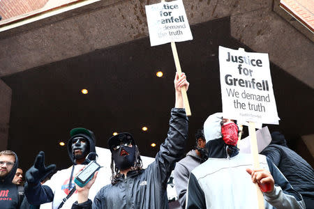 Demonstrators protest against the Grenfell Tower fire outside a Kensington and Chelsea Council meeting at Kensington Town Hall in London, Britain July 19, 2017. REUTERS/Neil Hall