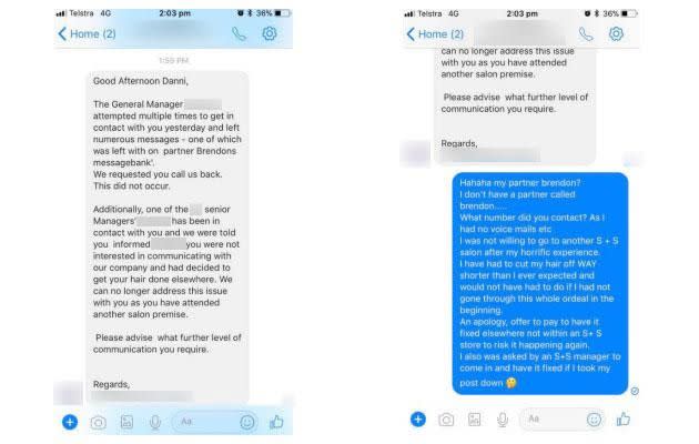 Despite the salon's claims they tried to contact her, Danni was left totally unsatisfied by their attempts to fix the situation. Photo: Facebook/dannidraper