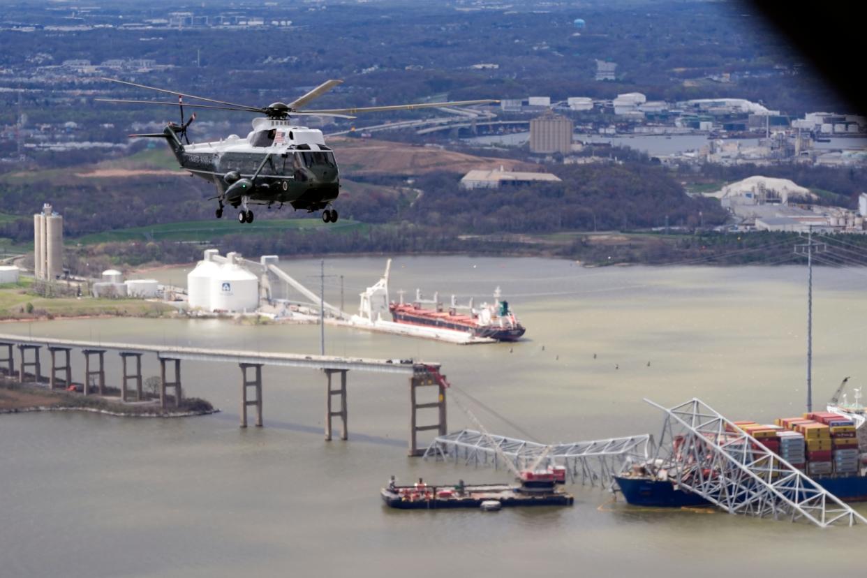 President Joe Biden, aboard Marine One, takes an aerial tour of the collapsed Francis Scott Key Bridge in Baltimore, Friday, April 5, 2024, as seen from an accompanying aircraft. (AP)