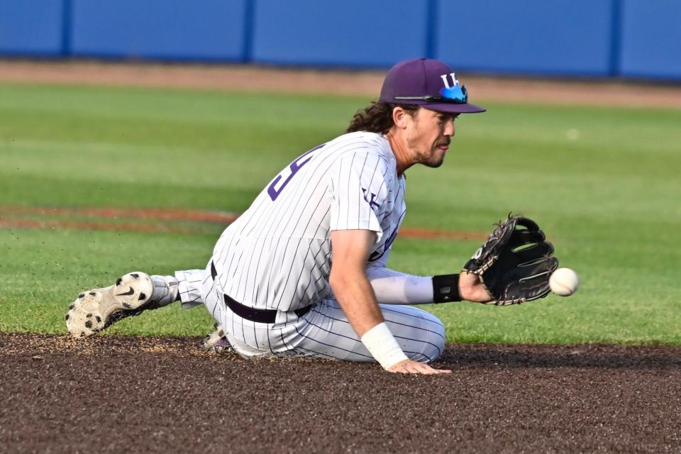 UE baseball's Simon Scherry fields a ground ball against Murray State in the MVC Tournament.