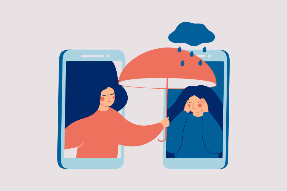 Girl comforts her sad friend over the phone. Woman consoles and cares about girl with psychological problems. Concept of support and aid for people under stress and depression over online services.