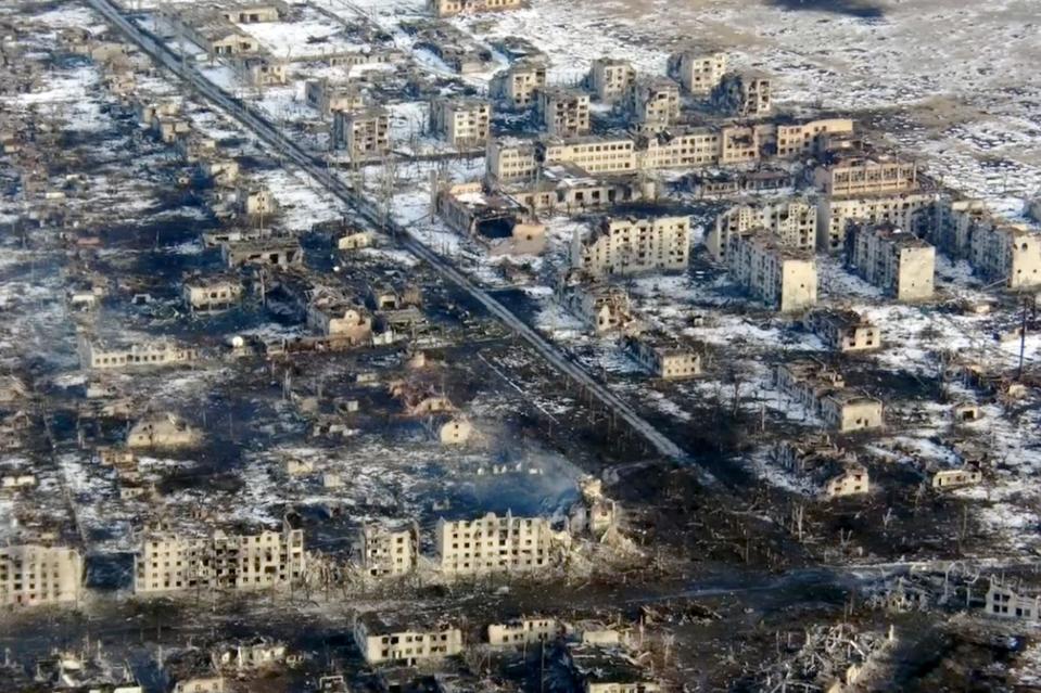 An aerial view of decimated buildings in Marinka.