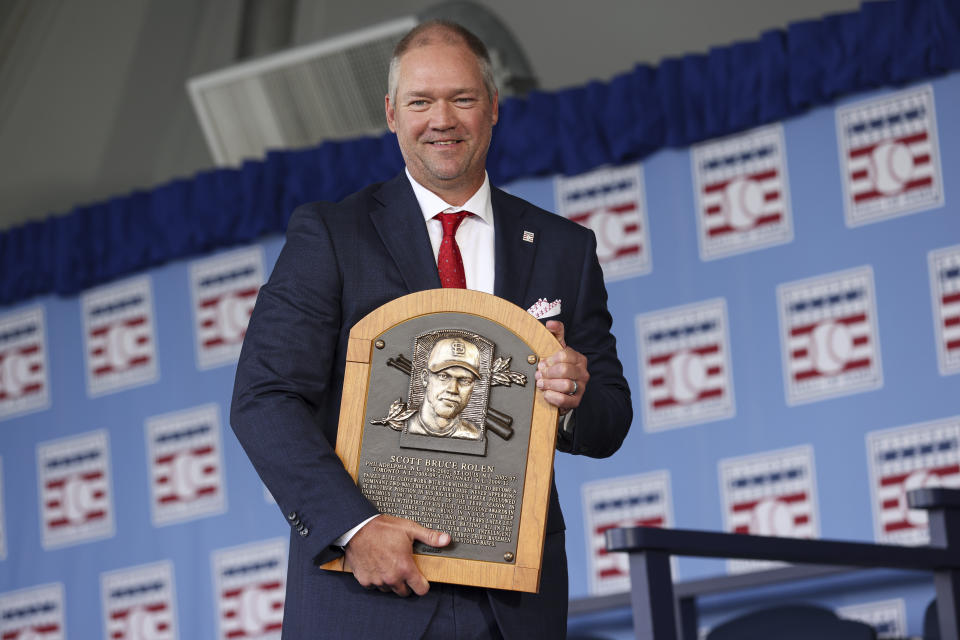Hall of Fame inductee Scott Rolen poses for a picture during the National Baseball Hall of Fame induction ceremony, Sunday, July 23, 2023, at the Clark Sports Center in Cooperstown, N.Y. (AP Photo/Bryan Bennett)