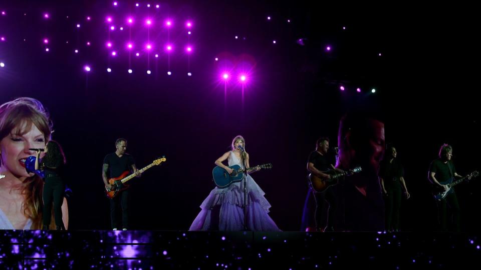 taylor swift performs onstage during night two of taylor swift the eras tour at geha field at arrowhead stadium on july 08, 2023 in kansas city, missouri