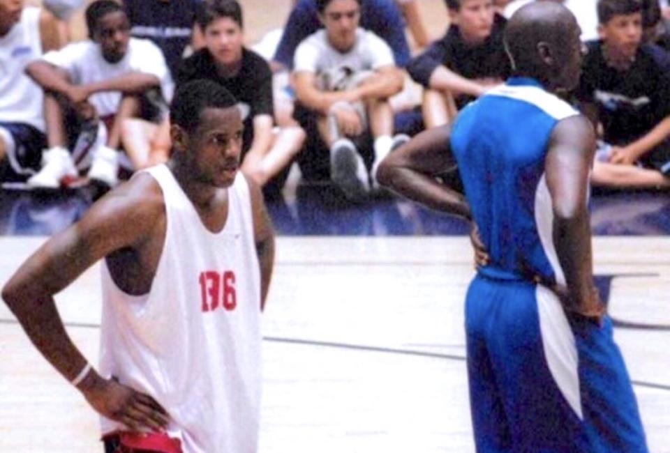 An undated photo shows a young LeBron James on court with Michael Jordan.