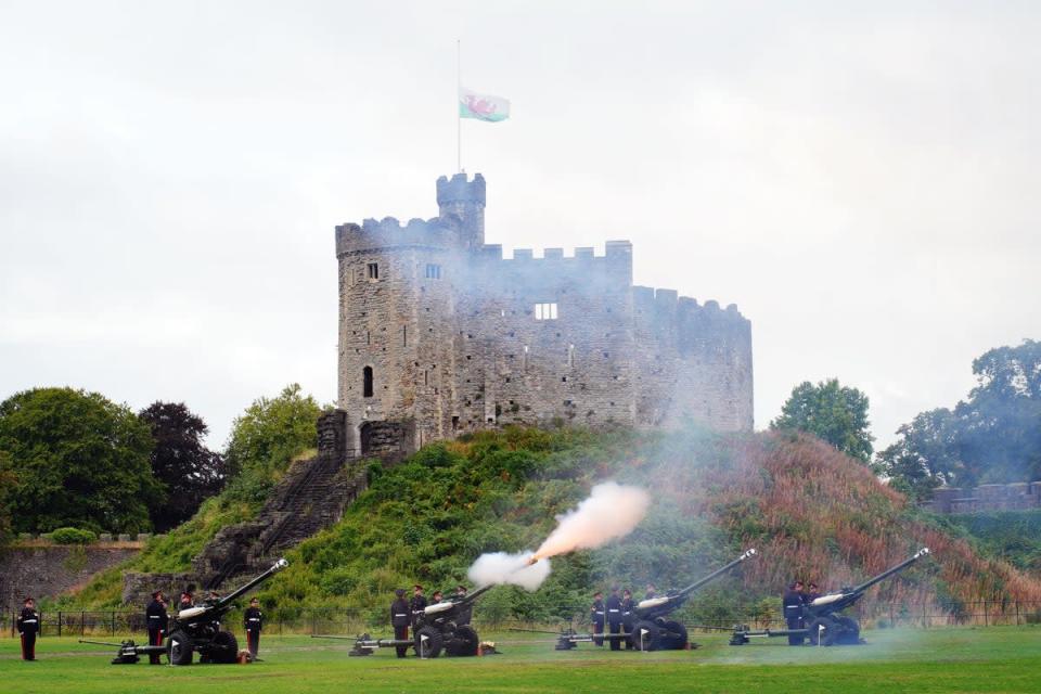 Members of the 104 Regiment Royal Artillery during the gun salute at Cardiff Castle (Ben Birchall/PA) (PA Wire)