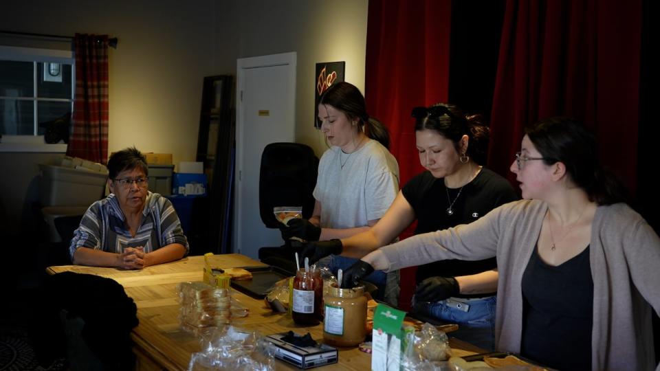 Alice Sam oversees the making of sandwiches at the Kuu-us Crisis Society in Port Alberni. She works in cultural advocacy and has seen first hand the impact the housing crises has had on Ahousaht people living in the city. 