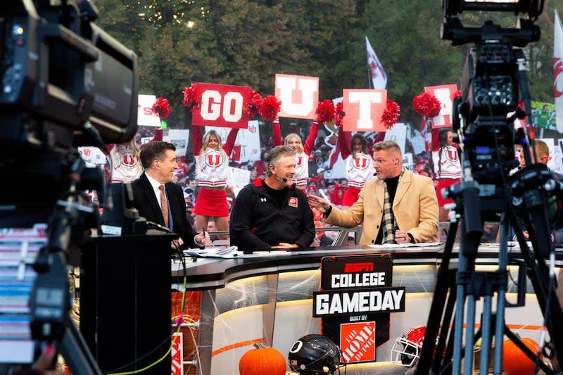 Left to right, Rece Davis, Utah’s head coach Kyle Whittingham, and Pat McAfee talk during the filming of ESPN’s “College GameDay” show at the University of Utah in Salt Lake City on Saturday, Oct. 28, 2023. | Megan Nielsen, Deseret News