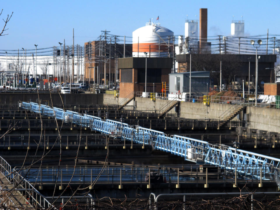 This Wednesday, Jan. 11, 2022 photo shows part of the Passaic Valley Sewerage Authority plant in Newark N.J. A proposed backup power plant for the facility is drawing strenuous opposition from residents who say their neighborhood is already overburdened with polluting facilities, including two other power plants. (AP Photo/Wayne Parry)