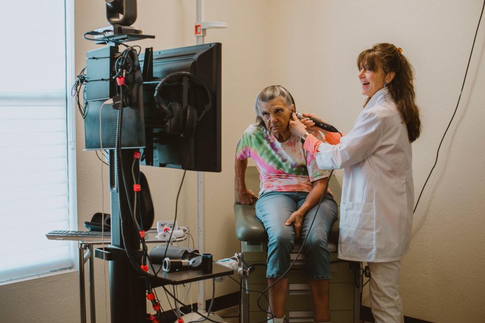 Marci Roberts, director of the TTUHSC Marathon Health Clinic in Marathon, Texas demonstrating how the clinic uses telemedicine to treat patients.