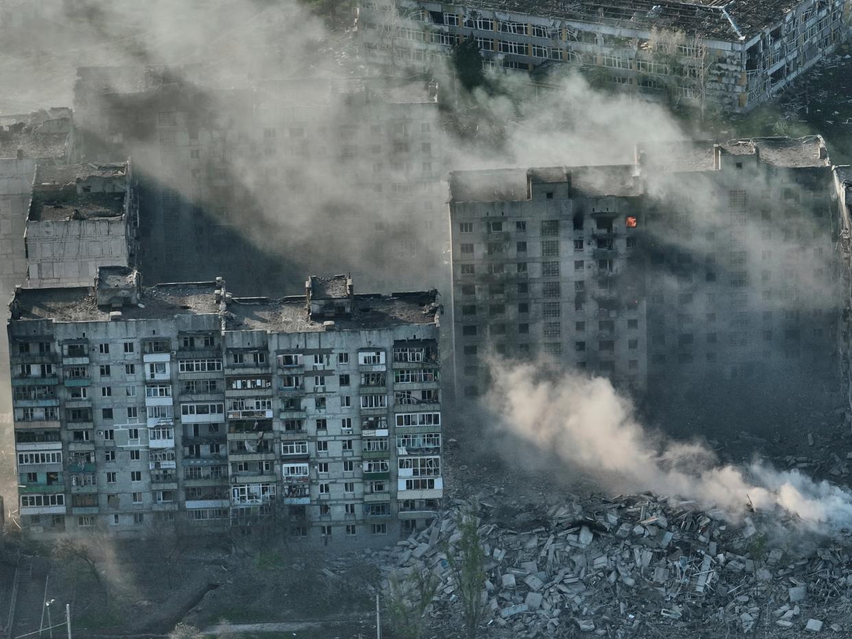 Smoke rises from buildings in this aerial view of Bakhmut (AP)