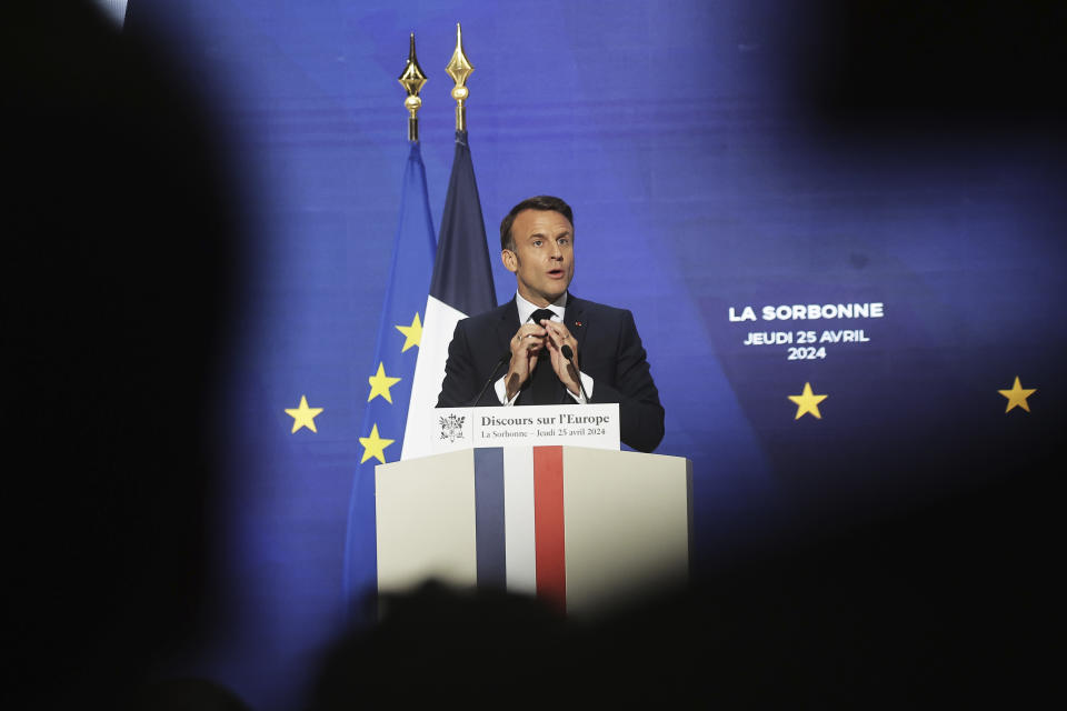 French President Emmanuel Macron delivers a speech on Europe in the amphitheater of the Sorbonne University, Thursday, April 25 in Paris. 2024. French President Emmanuel Macron will outline his vision for Europe as a more assertive global power at the backdrop of war in Ukraine, security, and economic challenges in a speech ahead of pivotal election for the European Parliament in June. (Christophe Petit Tesson, Pool via AP)