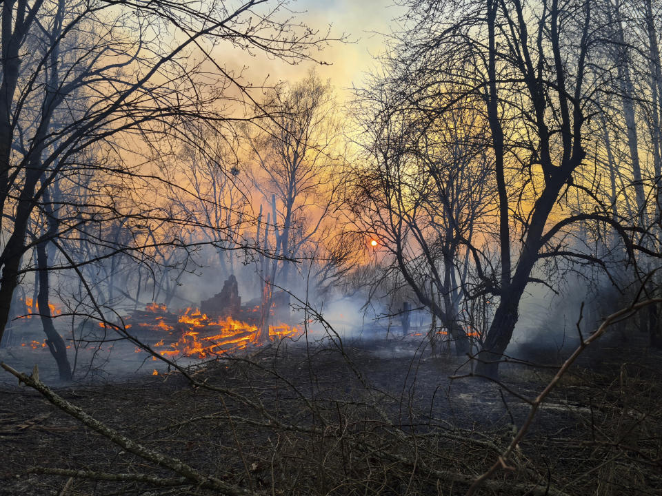 A view of a forest fire burning near the village of Volodymyrivka in the exclusion zone around the Chernobyl nuclear power plant, Ukraine, Sunday, April 5, 2020. (AP Photo/Yaroslav Yemelianenko)