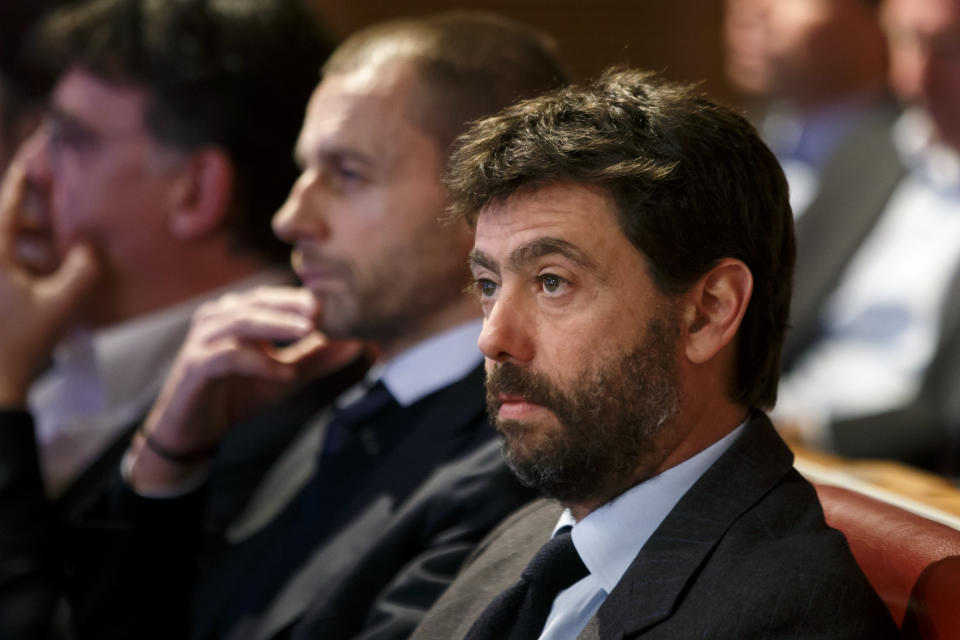 UEFA president Aleksander Ceferin, center, and the Chairman of the European Club Association, ECA, Italy's Andrea Agnelli, right, attend the drawing of the matches for the Champions League 2018/19 Round of 16, at the UEFA headquarters in Nyon, Switzerland, Monday, Dec. 17, 2018. (Salvatore Di Nolfi/Keystone via AP)