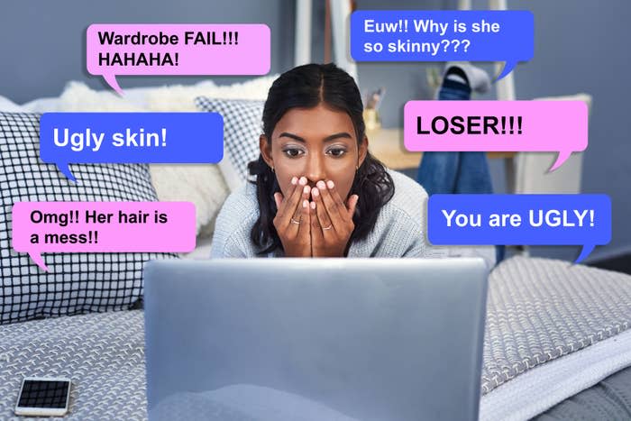 A woman looking at her laptop, appearing distressed. The screen has multiple negative comments like "Ugly skin!", "LOSER!!!", and "You are UGLY!"