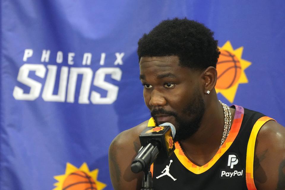 Suns center Deandre Ayton speaks during a press conference on media day at Events on Jackson in Phoenix on Sept. 26, 2022.