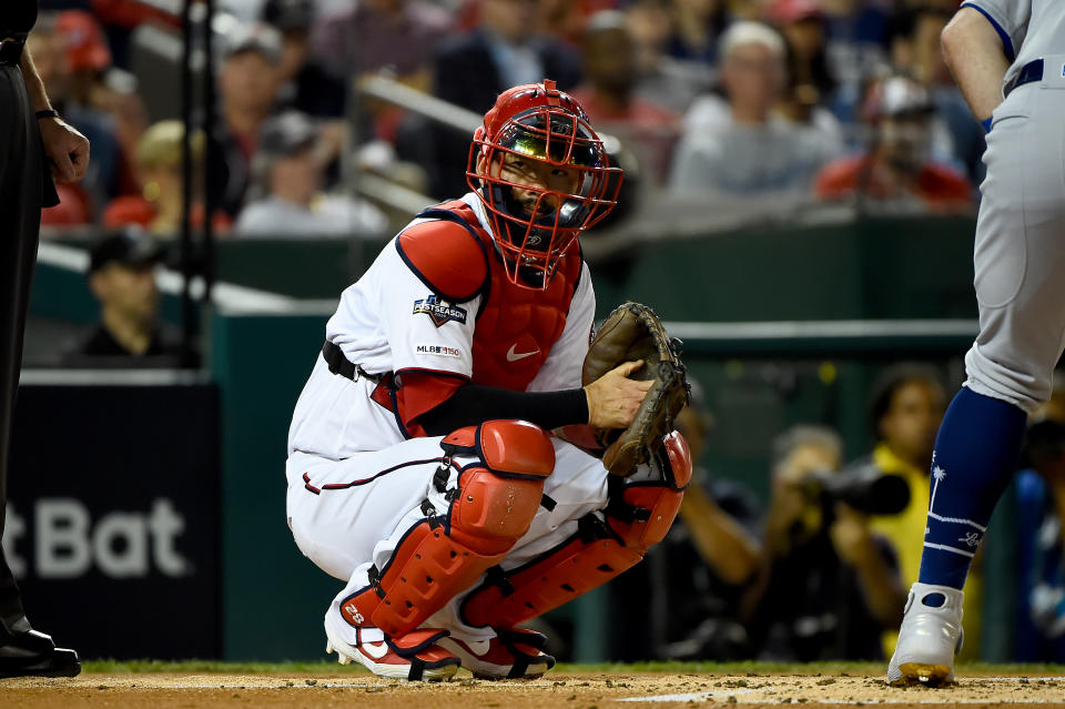 WASHINGTON, DC - OCTOBER 06: Kurt Suzuki #28 of the Washington Nationals looks on against the Los Angeles Dodgers in game three of the National League Division Series at Nationals Park on October 6, 2019 in Washington, DC. (Photo by Will Newton/Getty Images)