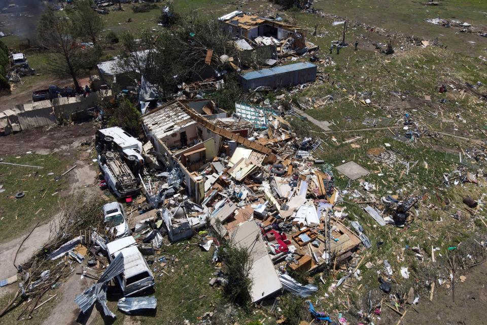 Destroyed homes are seen after a deadly tornado rolled through the previous night, Sunday, May 26, 2024, in Valley View, Texas (AP)