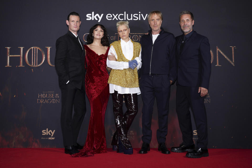 From left, Matt Smith, Olivia Cooke, Emma D'Arcy, Rhys Ifans and Paddy Considine pose for photographers upon arrival for the premiere of the TV Series 'House of the Dragon' in London, Monday, Aug. 15, 2022. (Photo by Scott Garfitt/Invision/AP)