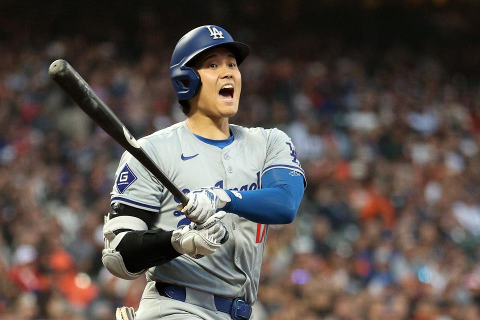 Shohei Ohtani of the Los Angeles Dodgers reacts to a foul ball that he hit against the San Francisco Giants in the fifth inning at Oracle Park on May 13, 2024 in San Francisco, California.