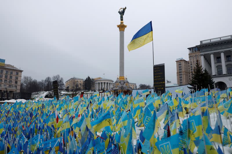 Flags representing fallen soldiers are seen on Independence Square, in Kyiv