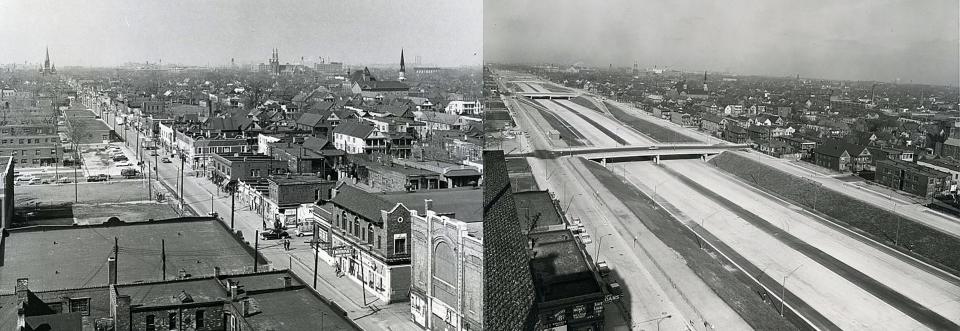 The photograph on the left shows an aerial view of Hastings, near Mack Avenue in 1959. Hastings was once the center of commercial activity for Black Detroit. The photograph on the right, while not the exact vantage point, shows the construction of Interstate 75 just north of the interchange with Interstate 375 in 1961.