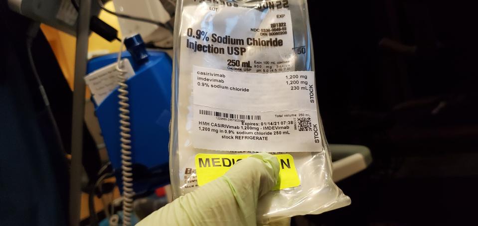 The monoclonal antibody Guadalupe Ramirez received to prevent her COVID-19 from getting worse. The drug is from Regeneron.