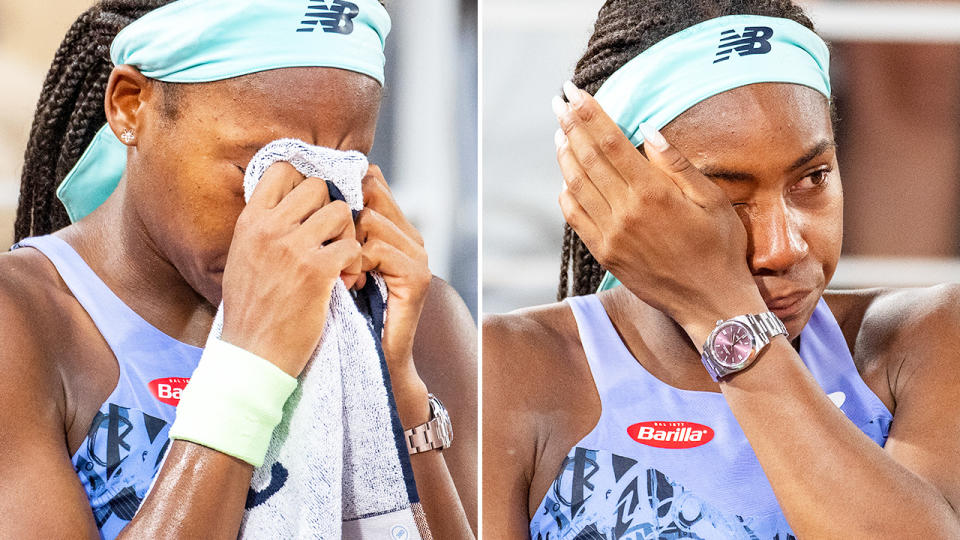 Coco Gauff, pictured here in tears after the French Open final.