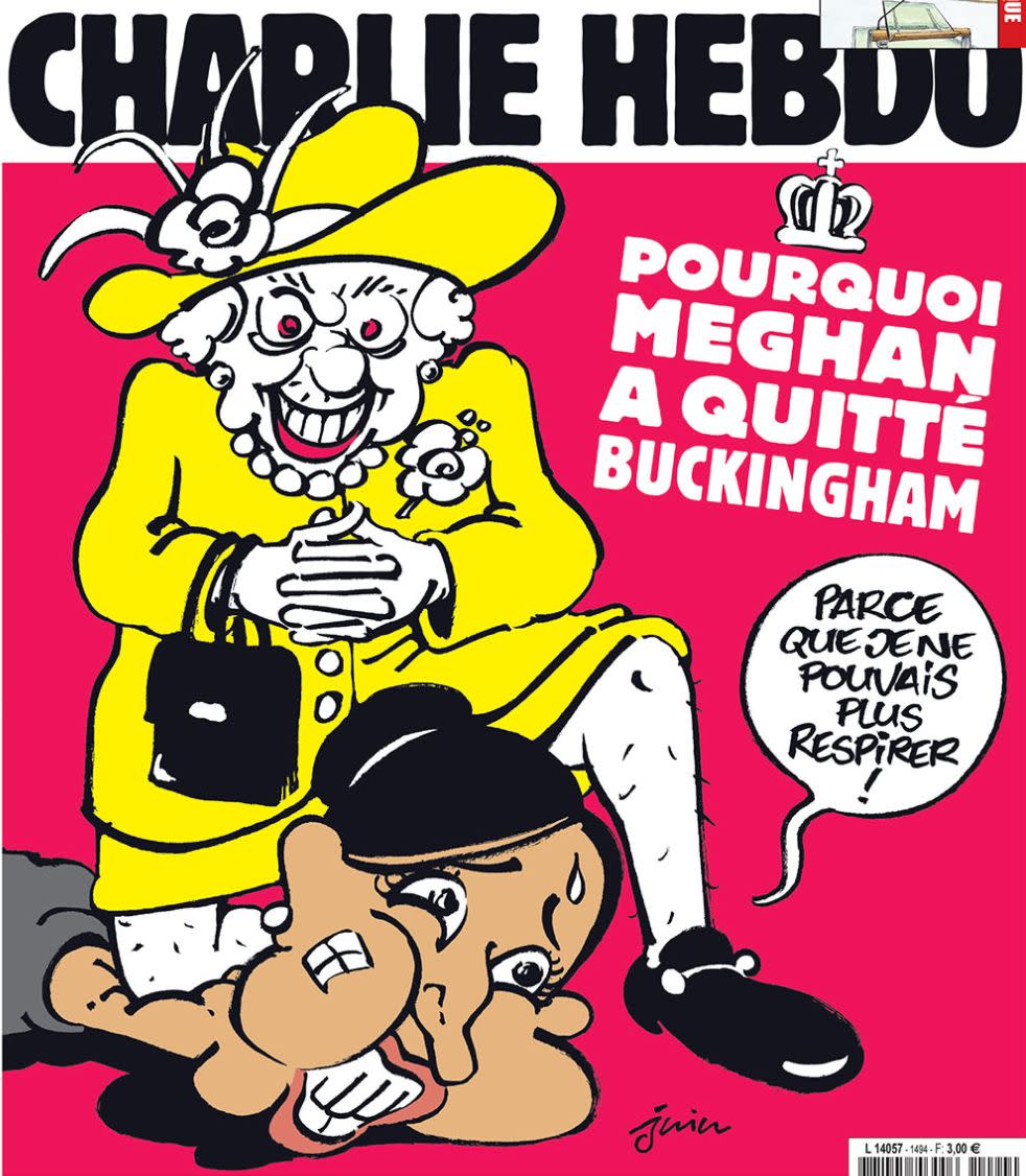 The cover of Charlie Hebdo. The speech bubble coming from the figure meant to depict Meghan Markle says, "Because I couldn't breathe anymore!" (Photo: Screen Shot/Twitter/Charlie Hebdo/)