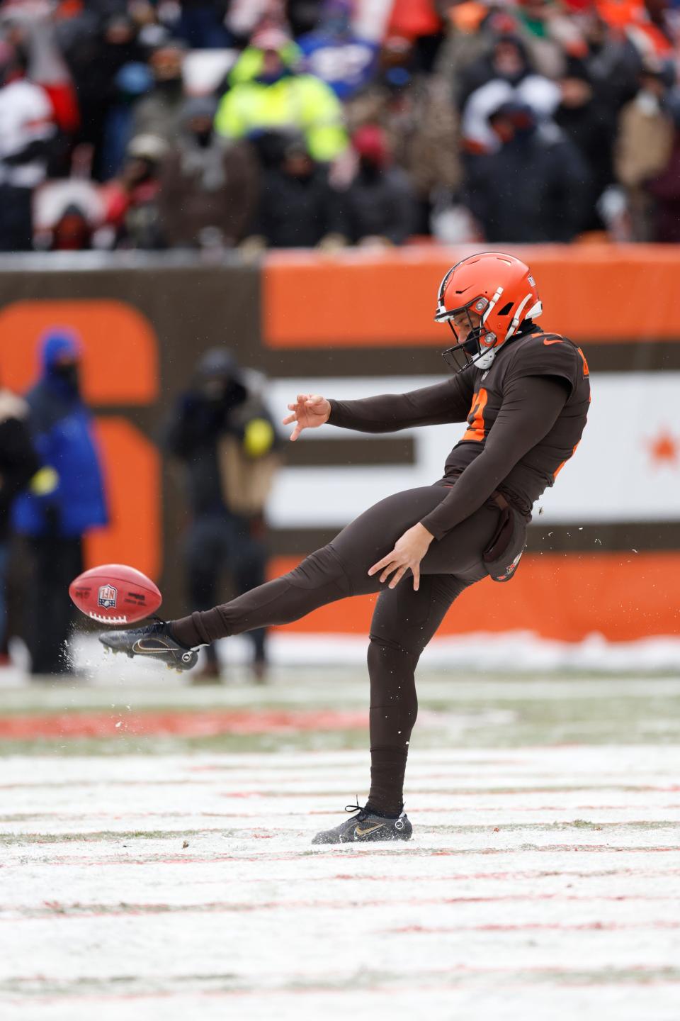 Cleveland Browns punter Corey Bojorquez punts during the first half against the New Orleans Saints on Dec. 24, 2022, in Cleveland.