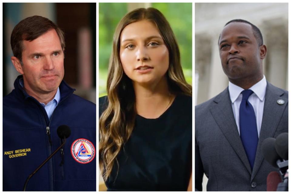 Andy Beshear (left) shared a young girl’s harrowing story of surviving sexual abuse (center) to call out his opponent Daniel Cameron’s (right) stance on abortion (Getty Images ; AndyBeshearKY / X)