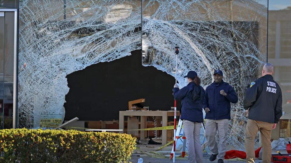 An SUV crashed into the Apple Store at Derby Street Shops in Hingham, Massachusetts, on Monday, Nov. 21, 2022.