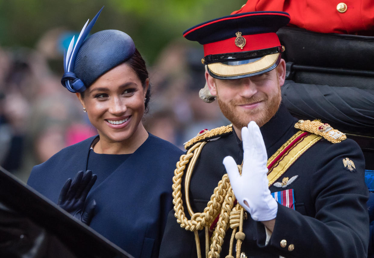 LONDON, ENGLAND - JUNE 08: Prince Harry, Duke of Sussex and Meghan, Duchess of Sussex ride by carriage down the Mall during Trooping The Colour, the Queen's annual birthday parade, on June 08, 2019 in London, England. (Photo by Samir Hussein/Samir Hussein/WireImage)