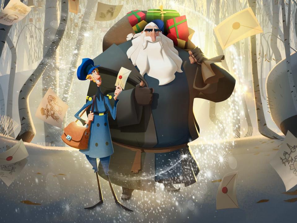 a skinny, shorter man, jesper, in a blue postmasters' uniform looking up at a mountain of a man, klaus, with a white beard, hefting a sack of wrapped presents