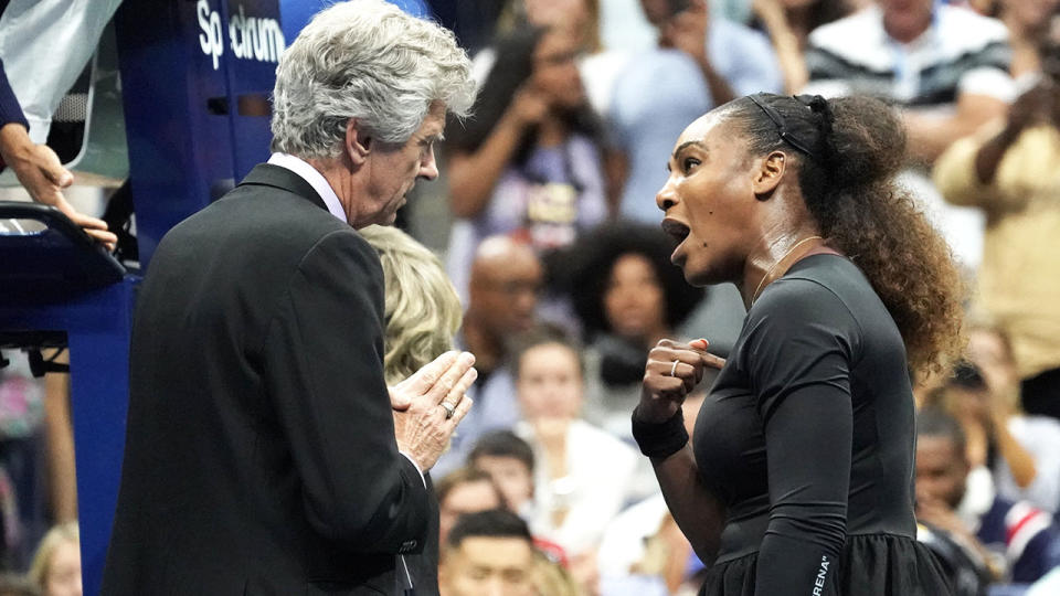 Serena Williams becomes frustrated and argues with referee Brian Earley.