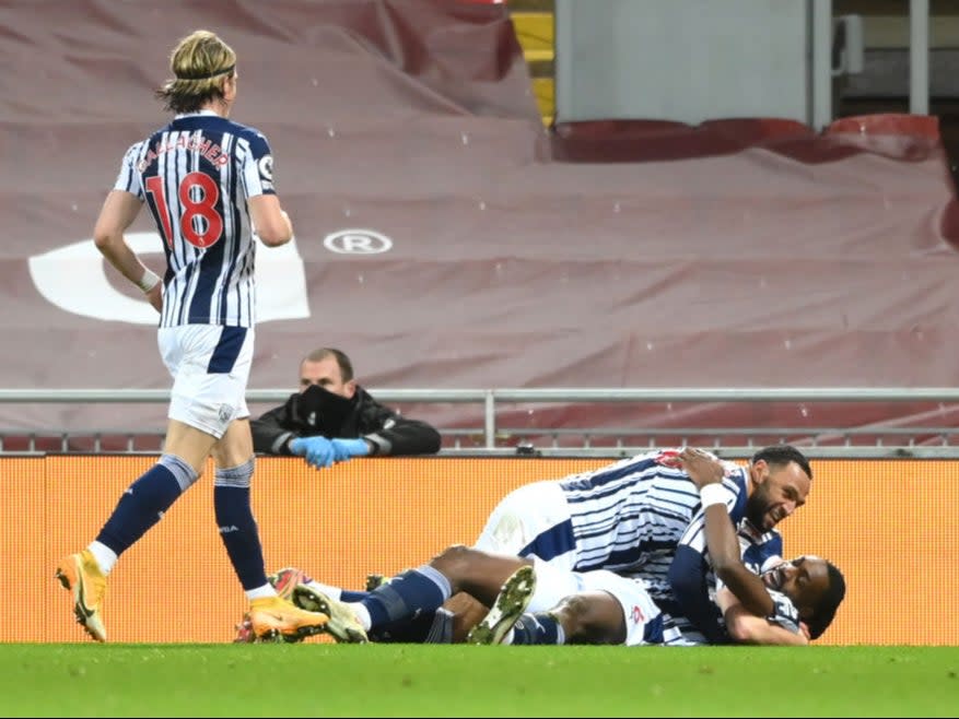 <p>The Baggies celebrate after Ajayi equalises</p>Getty