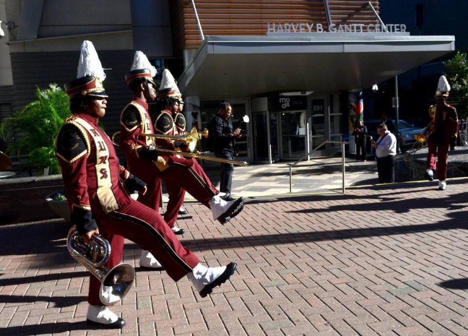 Harding University High School marching band performed Tuesday outside the Harvey B. Gantt Center for African-American Arts + Culture in Charlotte before the center’s 50th anniversary celebration announcement. John D. Simmons/Special to the Observer